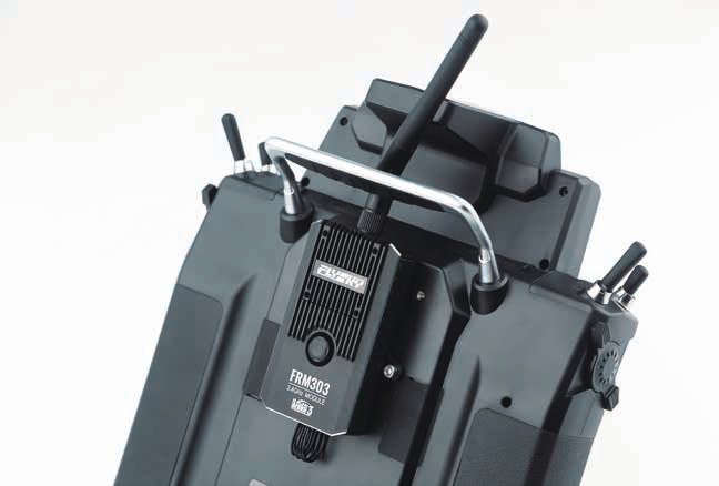 FRM303 fitted to a transmitter through an adapter tray.