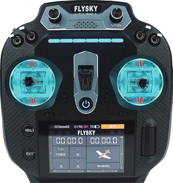 Transparent gimbals lit in a FlyskyOS transmitter.