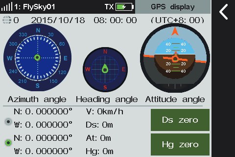 Transmitter GPS display with azimuth, heading and attitude dials.