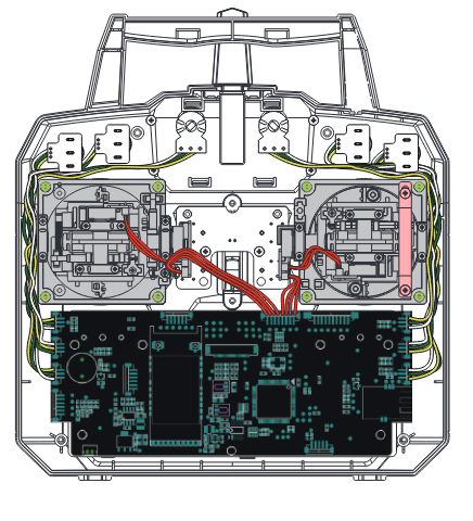 The opened back of the transmitter with the circuit board and the gimbal wiring.