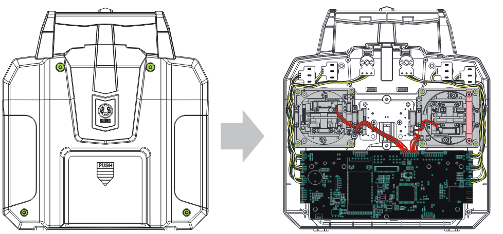 The rear cover screws marked in green, and the opened transmitter with the gimbal screws marked.