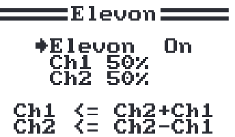 The Elevon screen: Elevon on, channel 1 and 2 at 50%, with the resulting mix formulas.