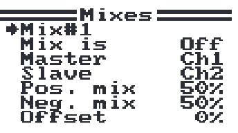 The Mixes screen: Mix#1 with master, slave, positive and negative mix and offset.