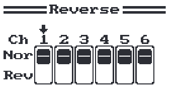 The Reverse screen: channels 1 to 6, each set to Nor or Rev.