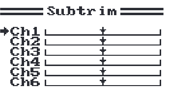 The Subtrim screen: a centre marker per channel.