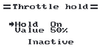 The Throttle hold screen: Hold on, value 50%, inactive.
