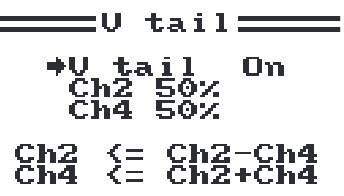 The V tail screen: V tail on, channel 2 and 4 at 50%, with the resulting mix formulas.