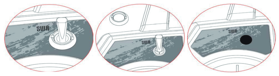 Three close-ups of switch SWA: in place, with its plate unscrewed, and removed.