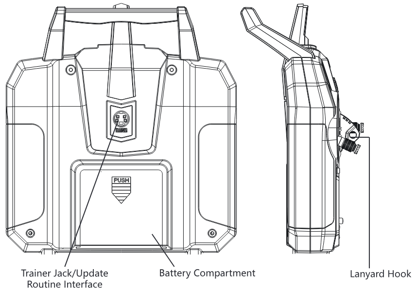 Back and side of the FS-i6X: the trainer jack / update routine interface, the battery compartment and the lanyard hook.