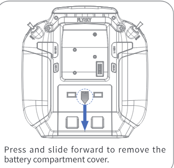 Back of the transmitter with the arrow showing how to press and slide the battery compartment cover forward