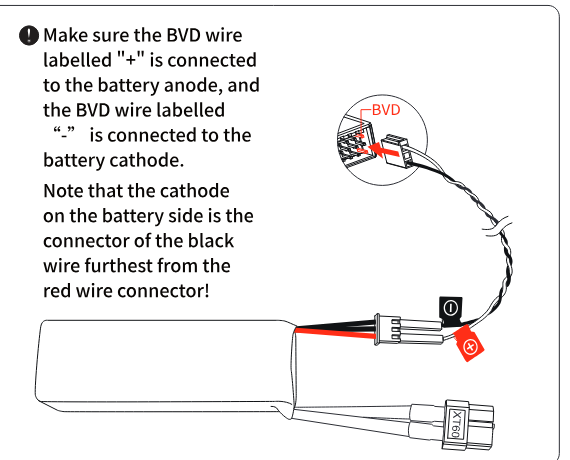 BVD harness plugged into the receiver's BVD connector and connected to the balance plug of a battery