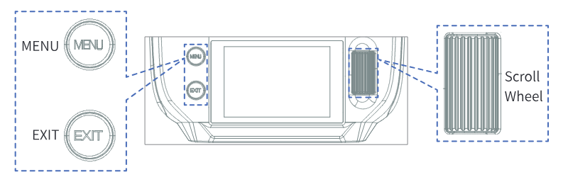 The MENU and EXIT buttons left of the display and the scroll wheel right of it