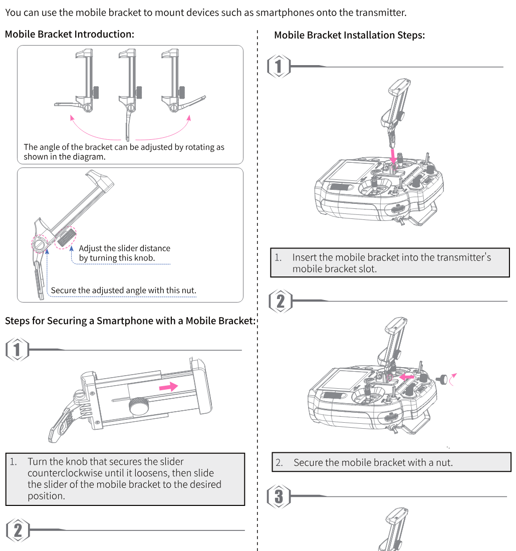 The mobile bracket with its angle adjustment, slider knob and nut; the installation steps into the transmitter's bracket slot; and the steps for securing a smartphone