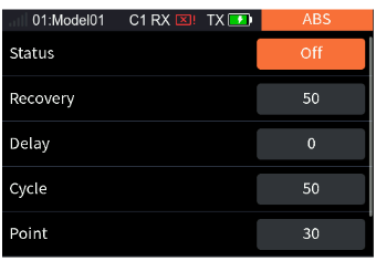 ABS with Status Off, Recovery 50%, Delay 0%, Cycle 50%, Point 30%, Duty 0