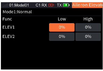 Aileron Elevator with ELEV1 and ELEV2, Low and High 0%