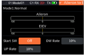 Aileron to Elevator with the Aileron and ELEV bars, Start SW Off, DW Rate 10%, UP Rate 10%