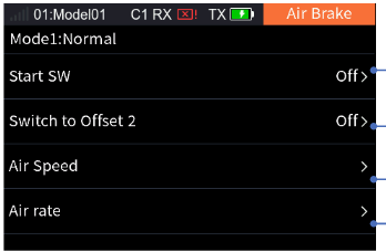 Air Brake with Start SW Off, Switch to Offset 2 Off, Air Speed and Air rate