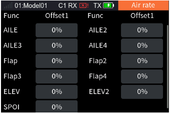 Air rate with Offset1 for AILE to AILE4, Flap to Flap4, SPOI, ELEV, ELEV2