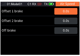 Air Speed with Offset 1 brake 0.0s, Offset 2 brake 0.0s and Off brake 0.0s