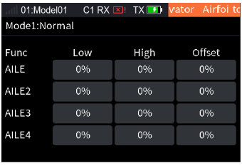 Airfoil to Elevator with AILE1 to AILE4, Low, High and Offset 0%