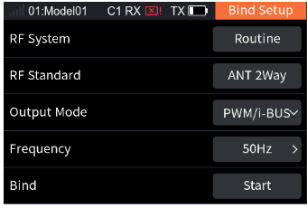 Bind Setup with RF System: Routine, RF Standard: ANT 2Way, Output Mode: PWM/i-BUS, Frequency: 50Hz and Bind: Start