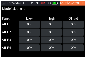 Back Flap to Elevator with AILE1 to AILE4, Low, High and Offset 0%