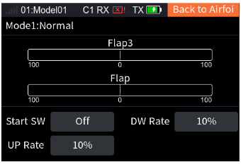 Back to Airfoil with the Flap3 and Flap bars, Start SW Off, DW Rate 10%, UP Rate 10%