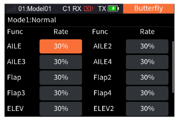 Butterfly with the rates of AILE, AILE2, AILE3, AILE4, Flap, Flap2, Flap3, Flap4, SPOI, ELEV, ELEV2 at 30% and the Control entry