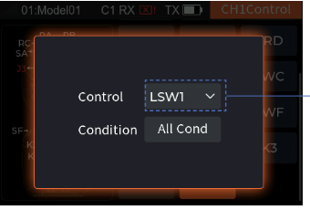 The parameter pop-up for a logic switch with Control LSW1 and Condition All Cond