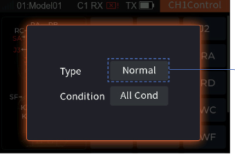 The parameter pop-up for a switch with Type Normal and Condition All Cond