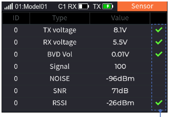 Sensor list with ID, Type and Value: 0 TX voltage 8.3V, 0 RX voltage 5.5V, 0 BVD Vol 0.01V, 0 Signal 100, 0 Noise −96dBm, 0 SNR 71dB, 0 RSSI −26dBm, each with a check mark