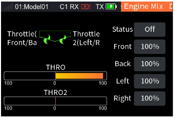 Double Engine Mix with Status Off, Front 100%, Back 100%, Left 100%, Right 100% and the THRO bars