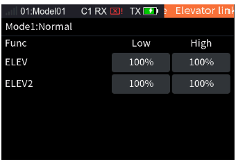 Elevator Linkage with ELEV1 and ELEV2, Low and High 100%