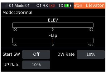 Elevator to Airfoil with the ELEV and Flap bars, Start SW Off, DW Rate 10%, UP Rate 10%