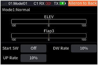 Elevator to Back with the ELEV and Flap3 bars, Start SW Off, DW Rate 10%, UP Rate 10%