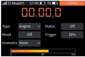 Timer with Type Engine, Status Off, Reset Off, Trigger 10%, HomeDis None and the throttle bar