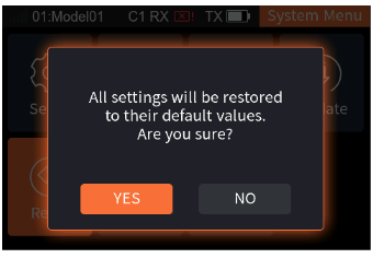 Prompt: This will reset all settings to their factory default. Are you sure? YES / NO