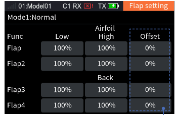 Flap setting with Airfoil Flap1, Flap2 and Back Flap3, Flap4, each with Low, High and Offset