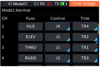 Func Assign with the columns CH, Func, Control, Trim for channels 1 to 4: AILE J4 TR4, ELEV J2 TR2, THRO J1 TR1, RUDD J3 TR3