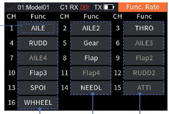 Func. Rate with the rates of AILE, ELEV, THRO, RUDD, Gear, AILE2, Flap, Flap2 … at 30%