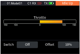Idle Up with the throttle bar, Switch Off and Offset 0%