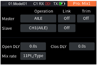 Mix1 with the Link column selected: Master AILE Link Off, Slave CH1(AILE) Link Off