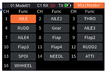 The Slave function list with AILE, ELEV, THRO, RUDD, Gear, AILE2, Flap, Flap2, Flap3, Flap4, SPOI, NEEDL, ATTI, WHEEL