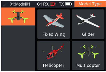 Model Type with the categories Fixed Wing, Glider, Helicopter, Multicopter