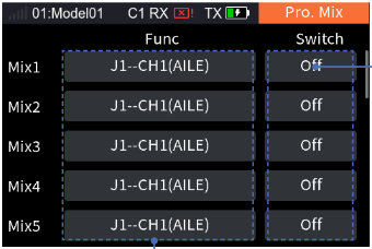 Pro. Mix with Mix1 to Mix5: J1→CH1(AILE), Switch Off