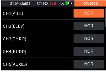 Reverse with CH1 (AILE) to CH5 (AUX05): NOR