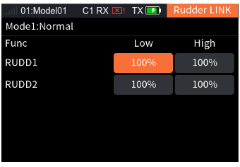 Rudder Link with RUDD1 and RUDD2, Low and High 100%