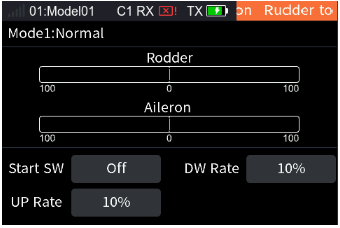 Rudder to Aileron with the Rudder and Aileron bars, Start SW Off, DW Rate 10%, UP Rate 10%