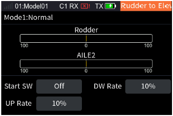 Rudder to Elevator with the Rudder and AILE2 bars, Start SW Off, DW Rate 10%, UP Rate 10%