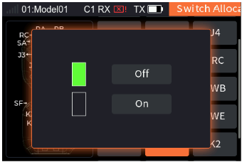 The Switch Allocation interface with K2 selected and the pop-up On / Off